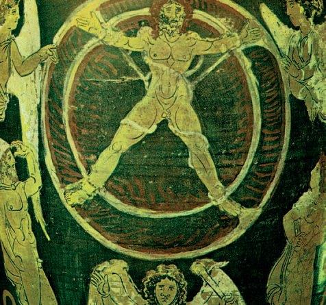 εμένος στον πύρινο τροχό, ο Ιξίων, ο βασιλιάς των Λαπιθών, πληρώνει την αχαριστία του απέναντι στους θεούς.