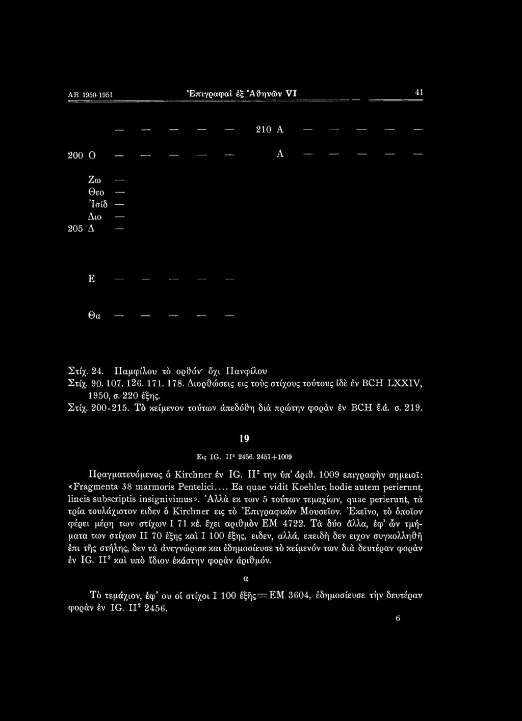 2457+1009 Πραγματευόμενος ό Kirchner έν IG. II2 την ύπ άριθ. 1009 επιγραφήν σημειοΐ: «Fragmenta 38 marmoris Pentelici Ea quae vidit Koehler, hodie autem perierunt, lineis subscriptis insignivimus».