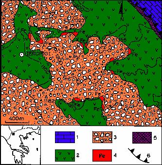 1.Ασβεστολιθικά πετρώµατα Ανώτερου Τριαδικού - Ανώτερου Ιουρασικού. 2.Υπερβασικά και βασικά πετρώµατα. 3.Μολασσικά Ιζήµατα Μειόκαινου. 4.Εµφανίσεις σιδηρονικελιούχων λατεριτικών πετρωµάτων. 5.