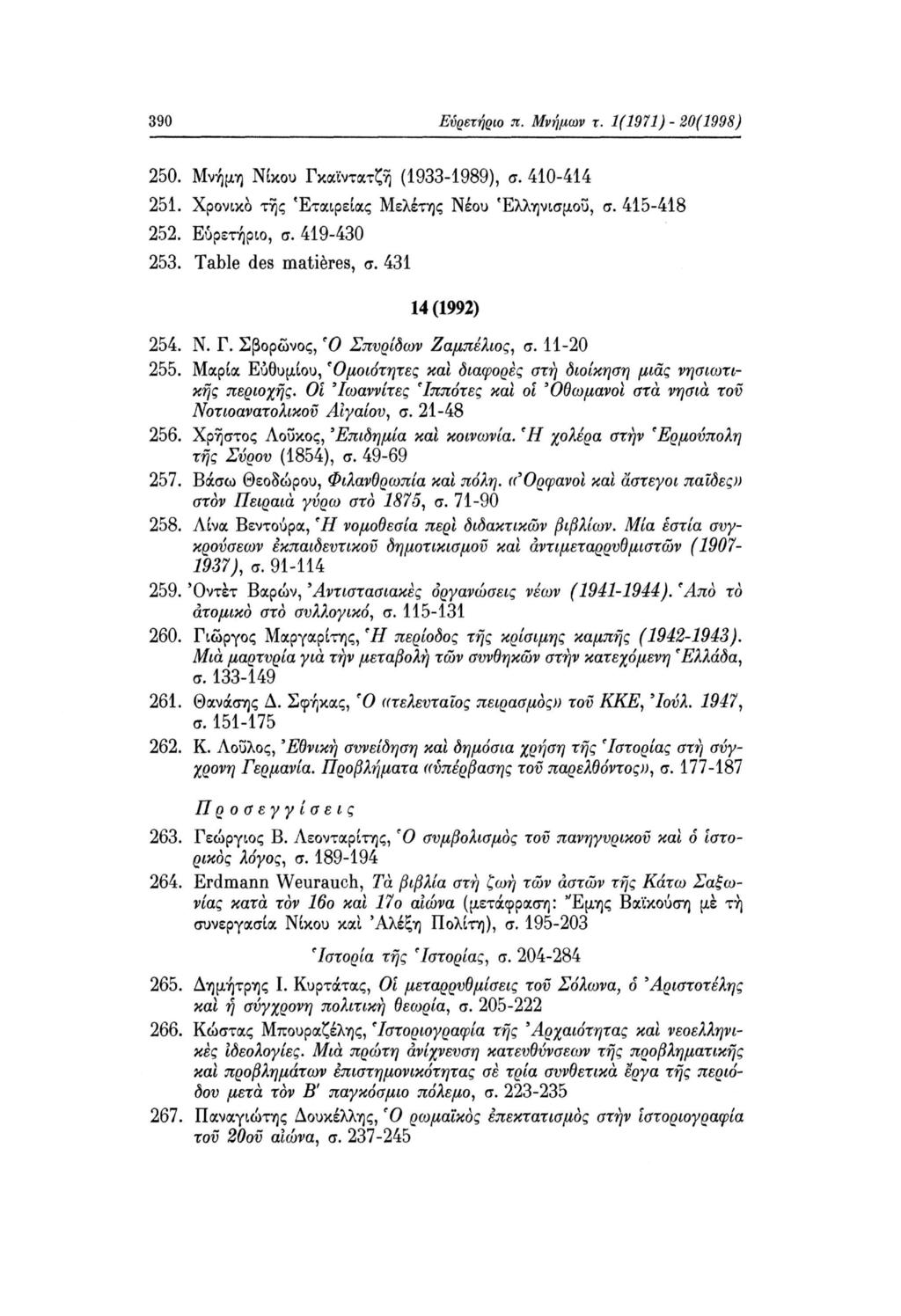 390 Ευρετήριο π. Μνήμων τ. 1(1971) - 20(1998) 250. Μνήμη Νίκου Γκαϊντατζή (1933-1989), σ. 410-414 251. Χρονικό της Εταιρείας Μελέτης Νέου Ελληνισμού, σ. 415-418 252. Ευρετήριο, σ. 419-430 253.