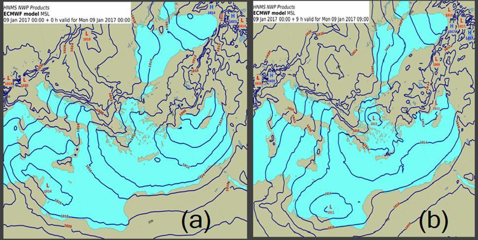 4. ΑΠΟΤΕΛΕΣΜΑΤΑ-ΣΥΖΗΤΗΣΗ 4.1 Επιφάνεια Στις 09 Ιανουαρίου 2017 00:00 (Σχήμα 4.1.a), η πίεση πάνω από την Αθήνα είναι 1016hPa και υπάρχει ένα βαρομετρικό χαμηλό πάνω από τη Λιβύη και την Τυνησία κι ένα πάνω από την Ουγγαρία.