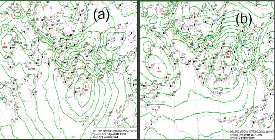 Σχήμα 4.5: Ανάλυση επιφανείας όπως προέκυψε από ΕΜΥ a) 10 Ιανουαρίου 03:00 b) 10 Ιανουαρίου 15:00.