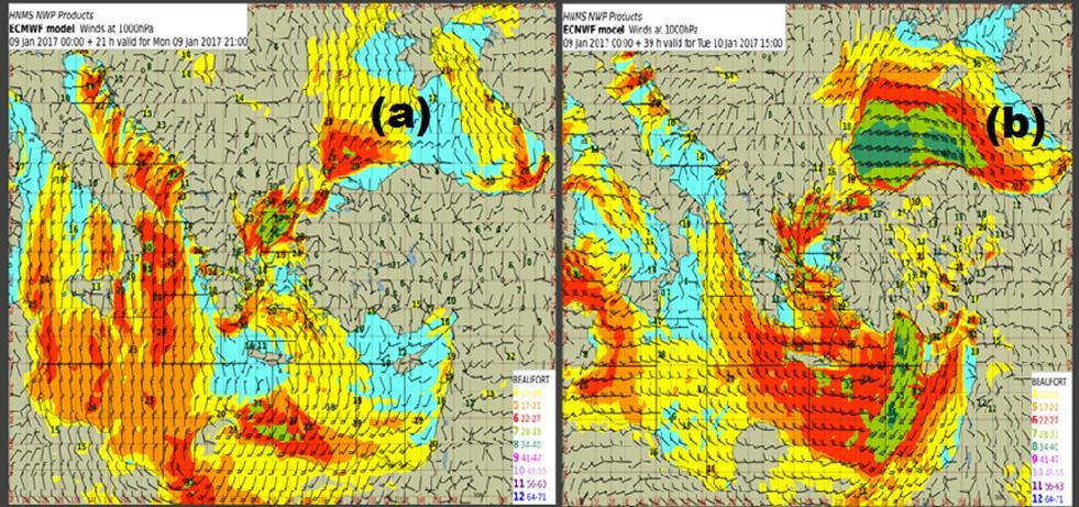 από 17 έως 27 knots, ή αλλιώς από 5 ως 6 Beaufort (πορτοκαλί περιοχή Σχήμα 4.6.a). Στο Αιγαίο είναι νότιος-νοτιοανατολικός και πιο ασθενής με ένταση έως το πολύ 16 κόμβους (κίτρινη περιοχή Σχήμα 4.6.a). Παρατηρείται έτσι, η κυκλωνική φορά του ανέμου υπό την επίδραση του χαμηλού.