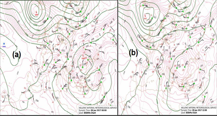 Σχήμα 4.12: Ανάλυση επιφανείας 850hPa όπως προέκυψε από ΕΜΥ a) 9 Ιανουαρίου 00:00 b) 9 Ιανουαρίου 12:00. Στις 10 Ιανουαρίου 00:00 (Σχήμα 4.