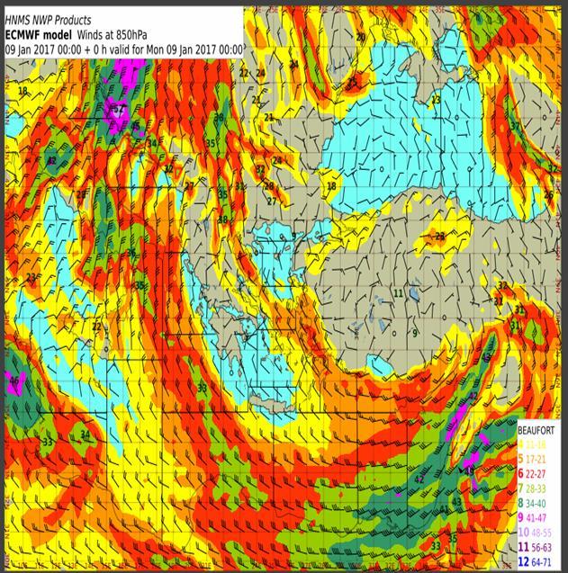 Το μοντέλο ECWMF για την πρόγνωση ανέμων στα 850hPa, δίνει πληροφορίες για τον άνεμο, που συμφωνούν με τη μέχρι τώρα μελέτη. Σχήμα 4.