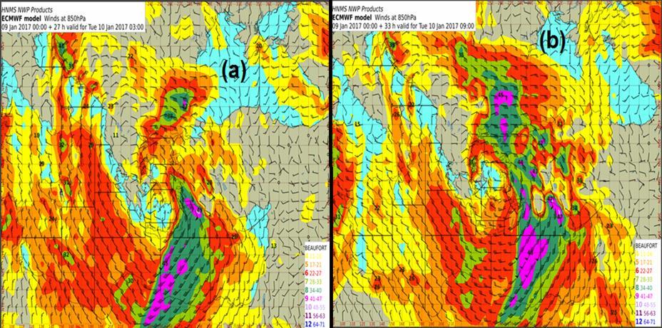 Σχήμα 4.15: Ισοβαρικός χάρτης των 850hPa όπως προέκυψε από το μοντέλο του ECMWF όπου πλοτάρεται το διάνυσμα του ανέμου a) 10 Ιανουαρίου 03:00 b) 10 Ιανουαρίου 09:00. Στο σχήμα 4.