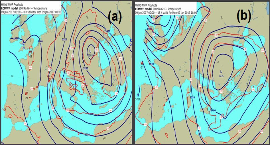 4.3 500hPa Στις 09 Ιανουαρίου 00:00 (Σχήμα 4.17a), φαίνεται το χαμηλό που μελετήθηκε στην επιφάνεια και στα 850hPa, πάνω από τη Ρουμανία.