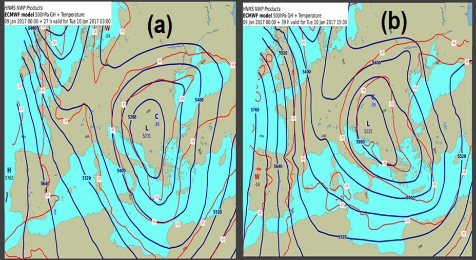 Σχήμα 4.18: Χάρτες 500hPa, όπως προέκυψαν από το ECMWF a) 10 Ιανουαρίου 2017, 03:00 UTC b) 10 Ιανουαρίου 2017, 15:00 UTC.