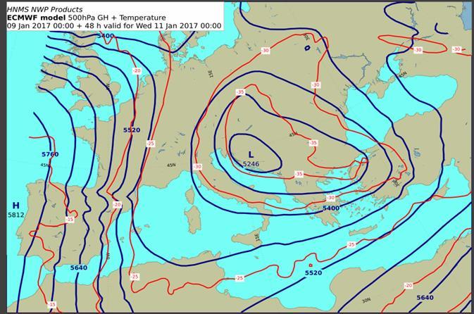 Σχήμα 4.19: Χάρτης 500hPa, όπως προέκυψε από το ECMWF για τις 11 Ιανουαρίου 2017, 00:00 UTC.