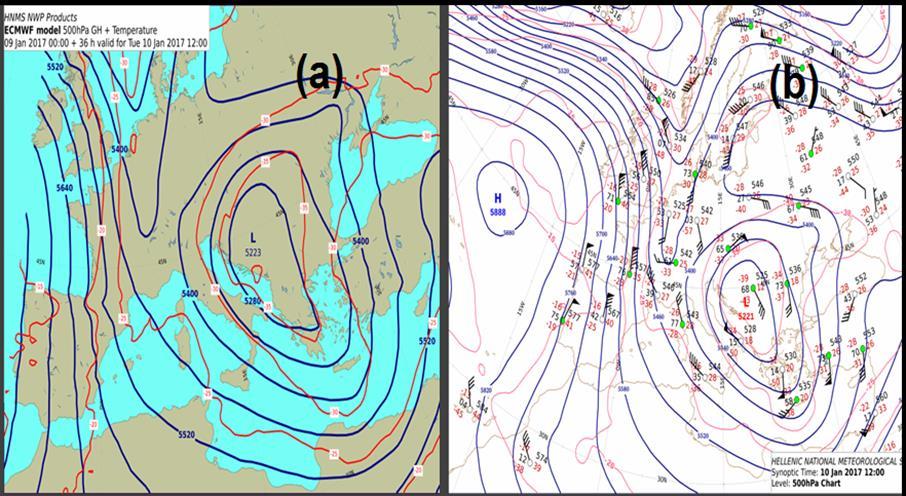 Ο συνοπτικός χάρτης για τις 10 Ιανουαρίου 12:00 (Σχήμα 4.21a) σε συμφωνία με τον αντίστοιχο του ECWMF (Σχήμα 4.