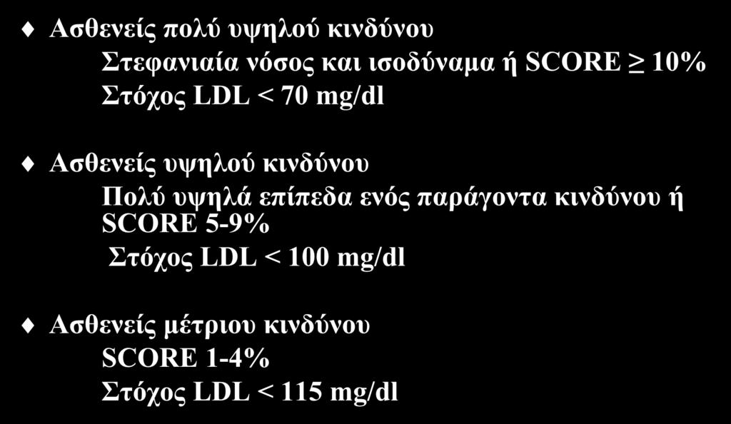 Οιηθόο θαξδηαγγεηαθόο θίλδπλνο θαη ζηόρνο LDL Αζζελείο πνιύ πςεινύ θηλδύλνπ Σηεθαληαία λόζνο θαη ηζνδύλακα ή SCORE 10% Σηόρνο LDL < 70 mg/dl Αζζελείο πςεινύ θηλδύλνπ