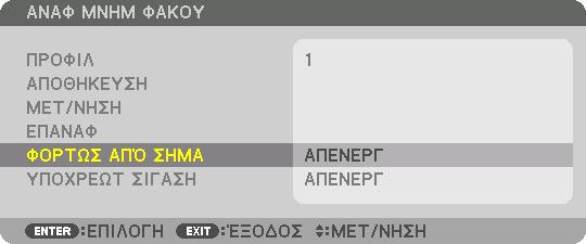 5. Χρήση του Μενού επί της Οθόνης Για να καλέσετε τις προσαρμοσμένες τιμές από τη [ΜΝΗΜΗ ΦΑΚΟΥ]: 1. Από το μενού, επιλέξτε [ΡΥΘΜΙΣΗ] [ΜΝΗΜΗ ΦΑΚΟΥ] [ΜΕΤ/ΝΗΣΗ] και πατήστε το πλήκτρο ENTER.