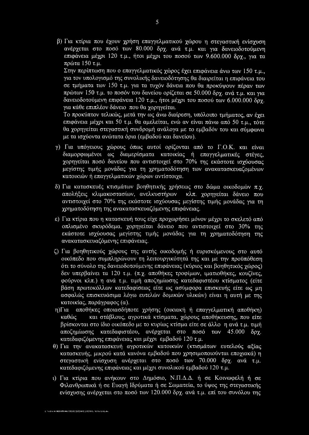 μ. για τα τυχόν δάνεια που θα προκύψουν πέραν των πρώτων 150 τ.μ. το ποσόν του δανείου ορίζεται σε 50.000 δρχ. ανά τ.μ. και για δανειοδοτούμενη επιφάνεια 120 τ.μ., ήτοι μέχρι του ποσού των 6.000.000 δρχ. για κάθε επιπλέον δάνειο που θα χορηγείται.