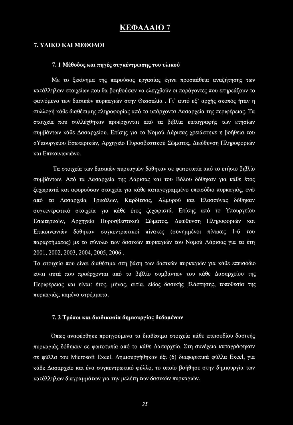 φαινόμενο των δασικών πυρκαγιών στην Θεσσαλία. Γι αυτό εξ αρχής σκοπός ήταν η συλλογή κάθε διαθέσιμης πληροφορίας από τα υπάρχοντα Δασαρχεία της περιφέρειας.