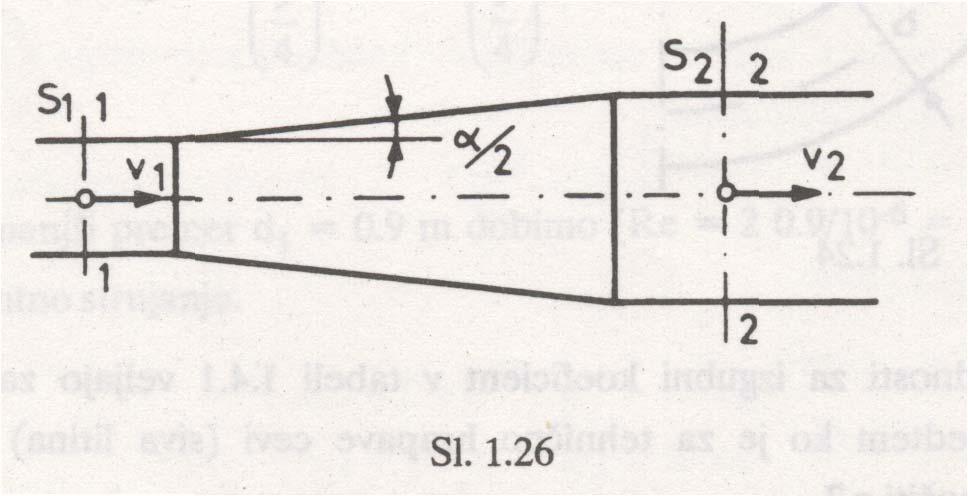 Postopno razširjanje cevi: Lokalne izgube h lok 2 2 2 2 2 2 S v v = k 1 =ξ S1 2g 2g postopno razširjanje cevi postopno zoževanje cevi za α 5 velja ξ=0,05 do 0,06 α ( ) 5