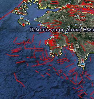 Εικ.12. Χάρτης ρηγμάτων της Ελλάδας (πηγή: ΝΟΑ). Εικ.13. Χάρτης ρηγμάτων της περιοχή μελέτης (πηγή: ΝΟΑ).