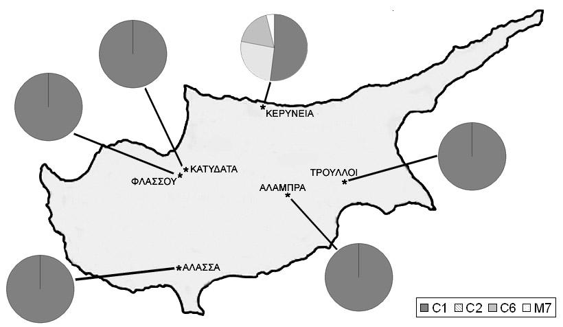 Εικόνα 4. Γενετική ποικιλότητα κυπριακών μελισσών βάσει δεικτών mt-dna Εικόνα 5.