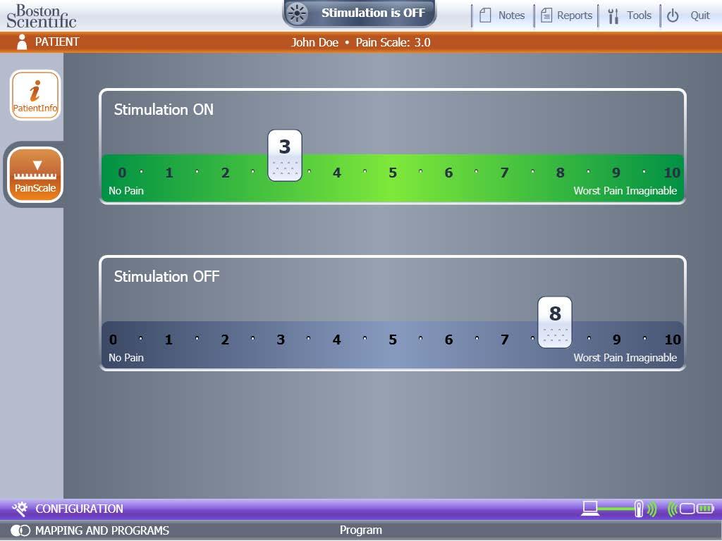 Εγχειρίδιο προγραμματισμού Bionic Navigator 3D Ορισμός του πόνου ασθενή Από την οθόνη Patient Info (Πληροφορίες ασθενή), επιλέξτε το κουμπί Pain Scale (Κλίμακα πόνου) για να εμφανίσετε την οθόνη Pain