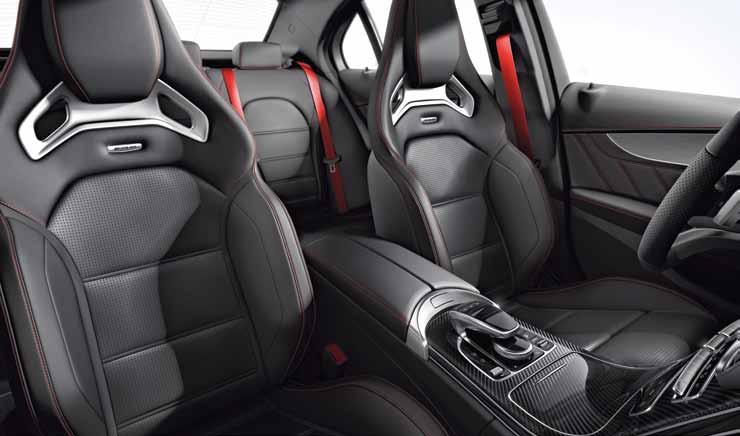 Κύρια χαρακτηριστικά εσωτερικού Σπορ καθίσματα σε ειδική σχεδίαση AMG με επένδυση από συνθετικό δέρμα ARTICO/ύφασμα μικροϊνών DINAMICA με διακοσμητικές ραφές σε κόκκινο Καθίσματα AMG Performance για