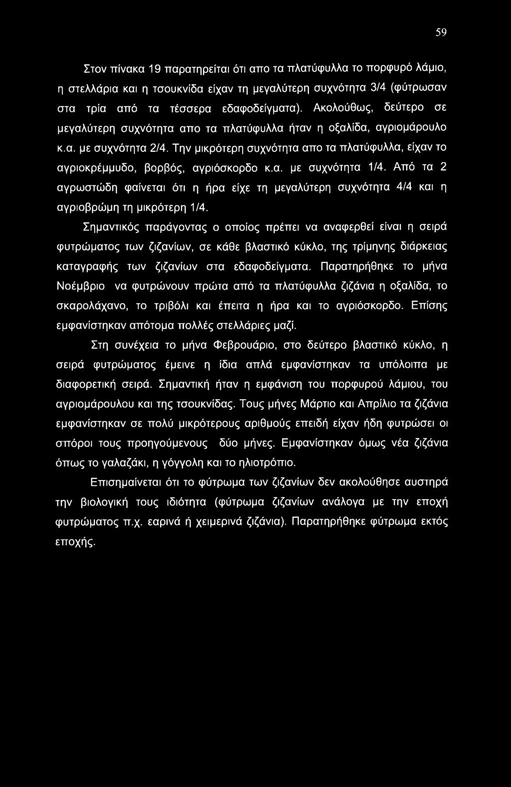 59 Στον πίνακα 19 παρατηρείται ότι απο τα πλατύφυλλα το πορφυρό λάμιο, η στελλάρια και η τσουκνίδα είχαν τη μεγαλύτερη συχνότητα 3/4 (φύτρωσαν στα τρία από τα τέσσερα εδαφοδείγματα).