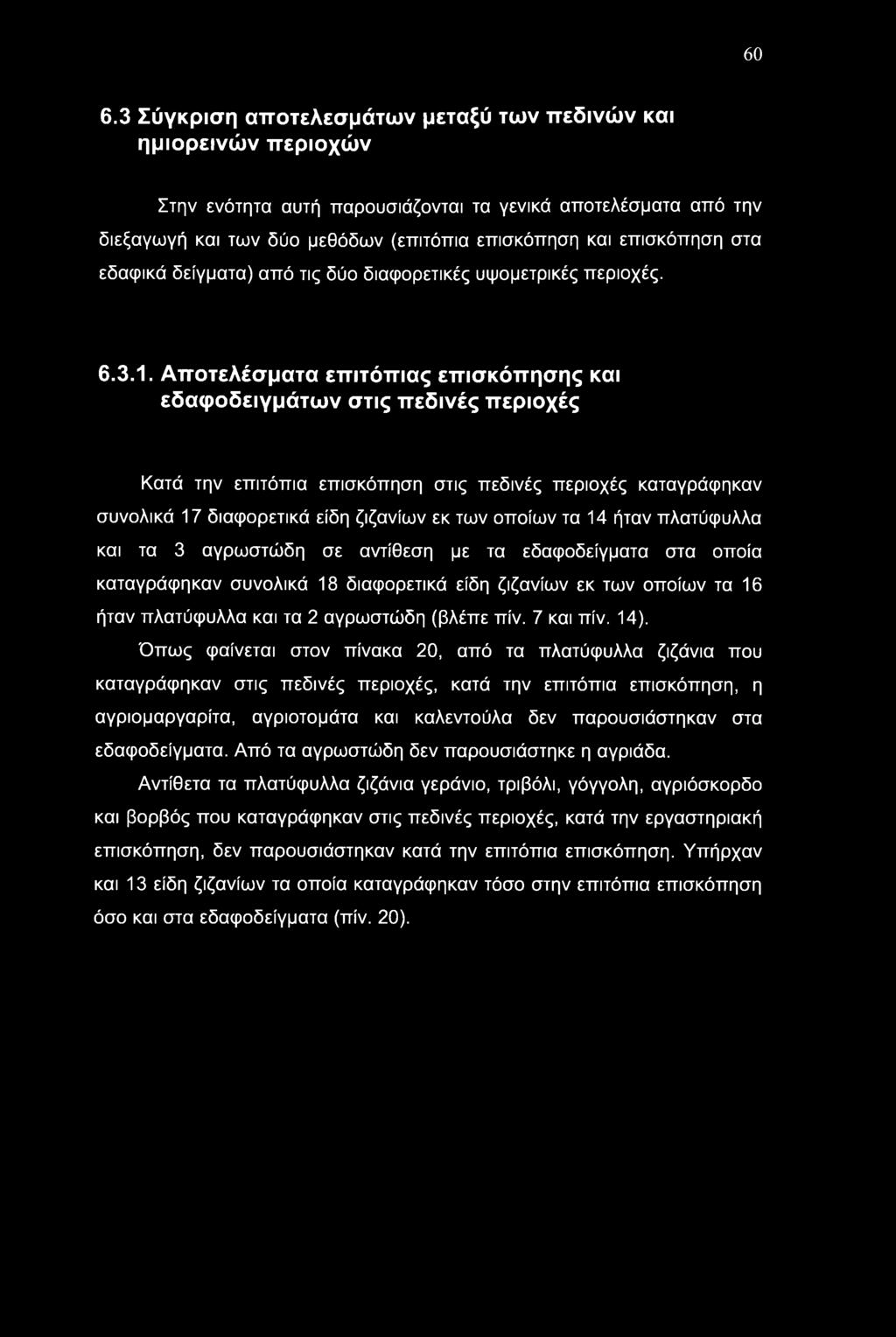 60 6.3 Σύγκριση αποτελεσμάτων μεταξύ των πεδινών και ημιορεινών περιοχών Στην ενότητα αυτή παρουσιάζονται τα γενικά αποτελέσματα από την διεξαγωγή και των δύο μεθόδων (επιτόπια επισκόπηση και
