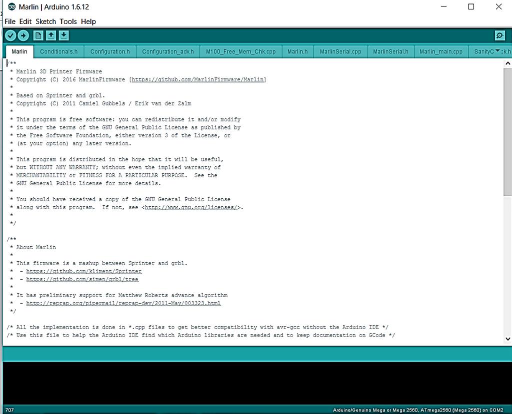 Εικόνα 3.16 Περιβάλλον Arduino IDE με το Marlin firmware Printrun: Πρόκειται για ένα σύνολο εφαρμογών για την αποστολή εντολών Gcode.