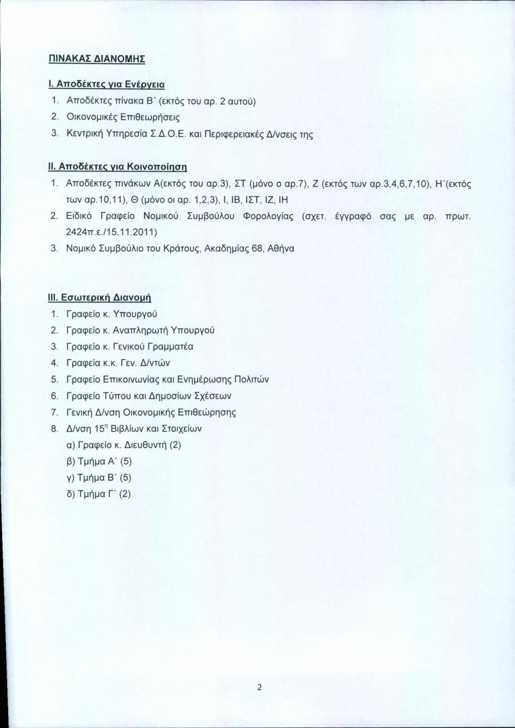ΑΔΑ: ΒΟΖΚΗ-ΕΤ1 ΠΙΝΑΚΑΣ ΔΙΑΝΟΜΗΣ Ι. Αποδέκτες για Ενέργεια 1. Αποδέκτες πινακα Β' (εκτός του αρ. 2 αυτού) 2. Οικονομικές Επιθεωρήσεις 3. Κεντρική Υπηρεσία Σ.Δ.σΕ. και Περιφερειακές Δ1νσεις της 11.