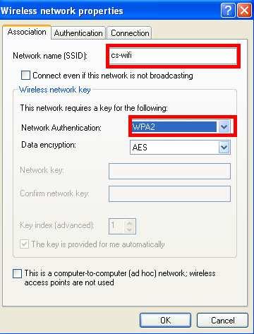το Νetwork Name(SSID) να είναι cs-wifi και επιλέξτε WPA2 στο Network
