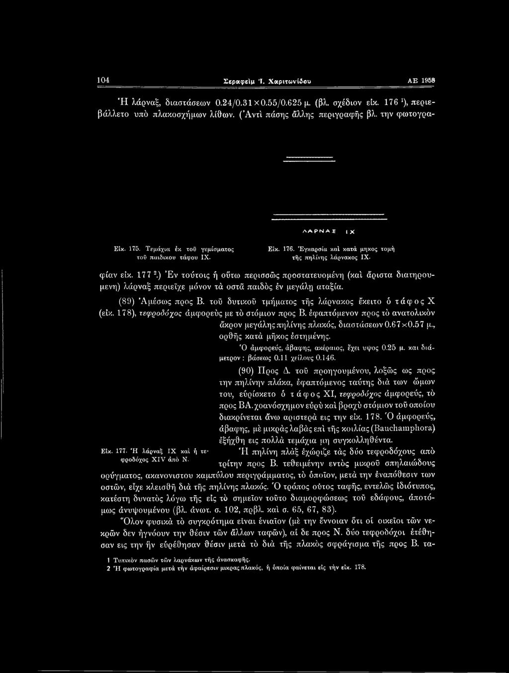 Ή λάρναξ IX καί ή τεφροδόχος XIV άπό Ν άκρον μεγάλης πηλίνης πλακάς, διαστάσεων 0.67x0.57 μ., ορθής κατά μήκος έστημένης. Ό άμφορεΰς, άβαφης, ακέραιος, έχει ύψος 0.25 μ. και διάμετρον: βάσεως 0.