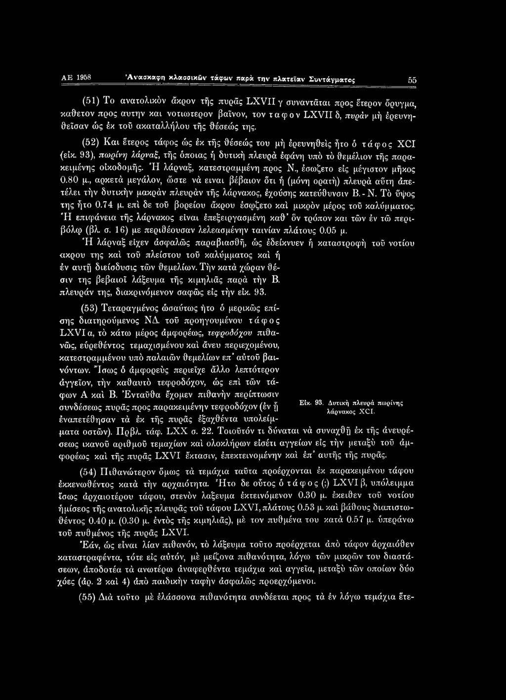 93), πώρινη λάρναξ, τής όποιας ή δυτική πλευρά έφάνη υπό τό θεμέλιον τής παρακειμένης οικοδομής. Ή λάρναξ, κατεστραμμένη προς Ν., έσωζετο εις μέγιστον μήκος 0.80 μ.