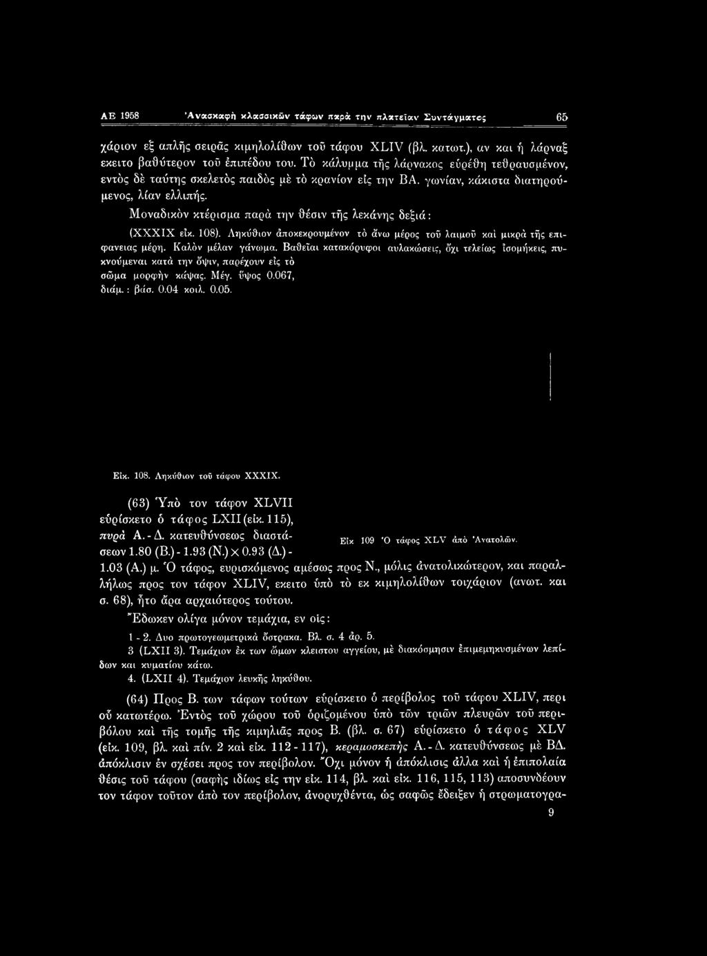 Ληκΰθιον τοΰ τάφου XXXIX. (63) Ύπό τον τάφον XLVII εύρίσκετο ό τάφος Ι/ΧΙΙ(είκ. 115), πυρά Α.-Δ. κατευθύνσεως διαστά- σεων 1.80 (Β.) -1.93 (Ν.) χ 0.93 (Δ.) - Είκ m Ό τάφος XLV άπό Ανατολών, 1.03 (Α.