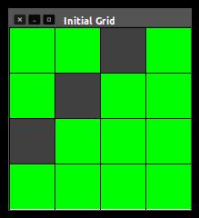 το κελί με πιθανότητα 80%. Για παράδειγμα στο πλέγμα της εικόνας (1) το μοντέλο μετάβασης γίνεται: Figure 1: A 4x4 grid with 3 wall-cells.