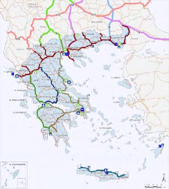 Εικόνα 2.1.2: Συνδέσεις με διευρωπαϊκό δίκτυο μεταφορών και σχεδιαζόμενο δίκτυο αυτοκινητοδρόμων Πηγή: Παρατηρητήριο Εγνατίας Οδού, 2008 2.2 ΧΑΡΑΞΗ ΚΑΙ ΧΑΡΑΚΤΗΡΙΣΤΙΚΑ ΤΟΥ ΑΞΟΝΑ 2.2.1 ΕΙΔΟΣ ΕΡΓΟΥ Ο αυτοκινητόδρομος Ε-65 αποτελεί τη Νέα Οδική Σύνδεση του δυτικού τμήματος της Εγνατίας Οδού από Ηγουμενίτσα μέχρι Παναγιά και της Λαμίας.
