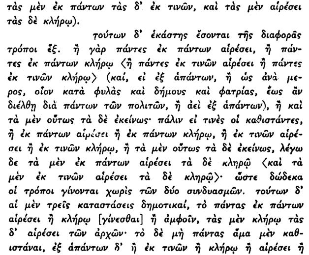 163. «Φυλὰς» καὶ «δήμους» ἐννοεῖ ὁ Αριστοτέλης ἐδῶ τὴν πολιτικὴν κατάταξιν τῶν πολιτῶν. 164. Δηλαδὴ τῆς ἀναδείξεως τῶν ἀρχόντων δι ἐκλογῆς καὶ διὰ κληρώσεως.