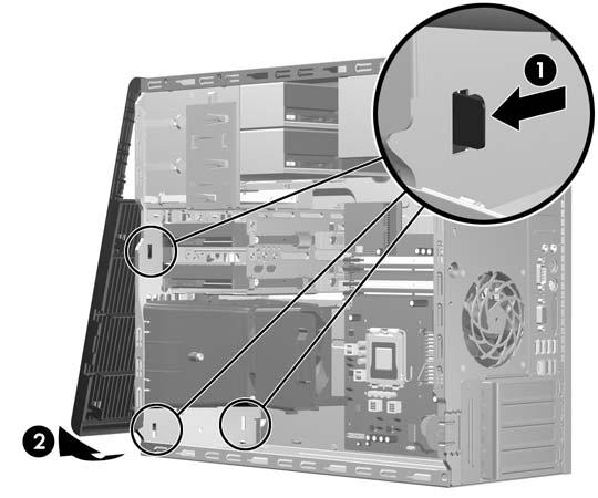 Αφαίρεση πρόσοψης 1. Αφαιρέστε/αποσυνδέστε τις όποιες συσκευές ασφαλείας εμποδίζουν το άνοιγμα του υπολογιστή. 2. Αφαιρέστε όλα τα αφαιρούμενα μέσα, όπως δισκέτες ή CD, από τον υπολογιστή. 3.