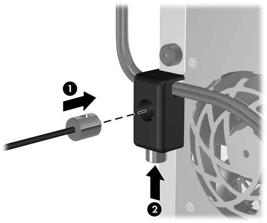 4. Εισάγετε το άκρο με το βύσμα του καλωδίου στην κλειδαριά (1) και πατήστε μέσα το κουμπί στο (2) για να κλειδώσετε την κλειδαριά.
