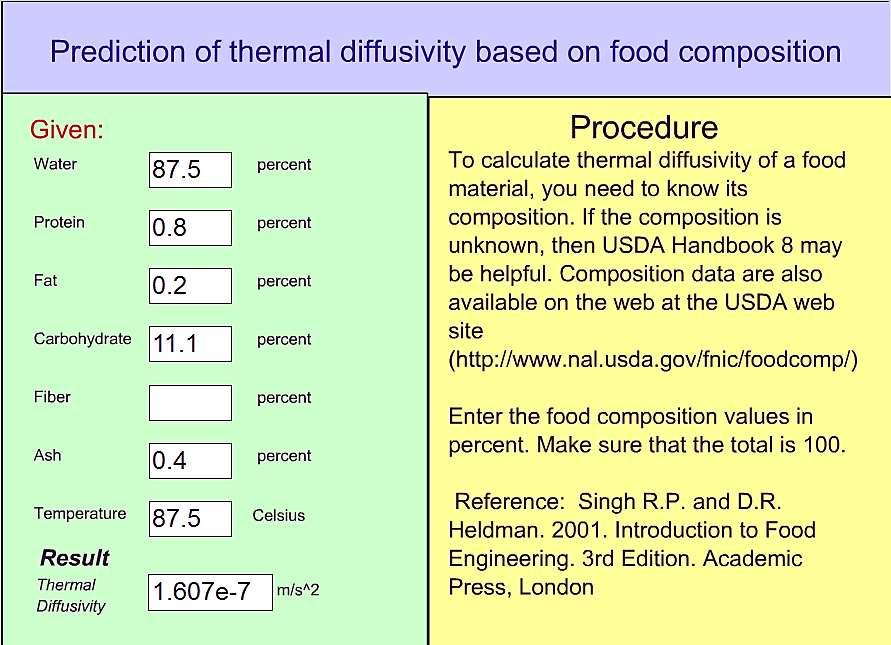 Preduction of thermal diffusivity based on food composition وتكتب تحت كلمة given مكونات الغذا من ماء وبروتين ودهن وكاربوهيدرات وفايبر ورماد من الجدول اعاله وفي المربع ماقبل االخير تكتب درجة الحرارة