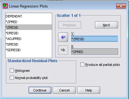 .. : X ZPRED والمتغير Y من PLOTS انقل المتغير ZRESID الى مستطيل