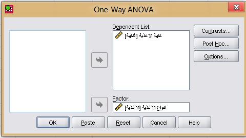 >> one way ANOVA >> compare means >> من Analyze نقل المتغي ارت الى ويمثل النكهة والى ويمثل األغذية.