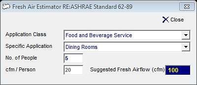 وكمثال تطبيقي اذا كان في غرفة طعام خمسة اشخاص كم هي كمية الهواء النقي المطلوب لهم قدم مكعب بالدقيقة يتم اختيار food and peverage service ثم dining room ثم تكتب 6 في خانة no.