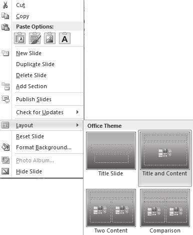 Aplikativni softver 153 Prezentacije PowerPoint Nakon ubacivanja novog slajda, u ovom slu aju drugog, potrebno je izabrati izgled slajda - Izgled slajda (Layout), (slika 9 desno), iako iza naslovnog