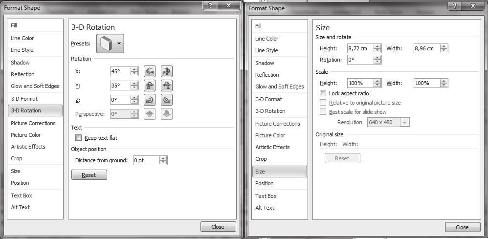 Aplikativni softver 178 Prezentacije PowerPoint Da bi ste kreirali tre u dimenziju za neki objekat na slajdu potrebno je u Format Shape prozoru kliknuti na opciju 3-D Format, a ko se želi i rotacija