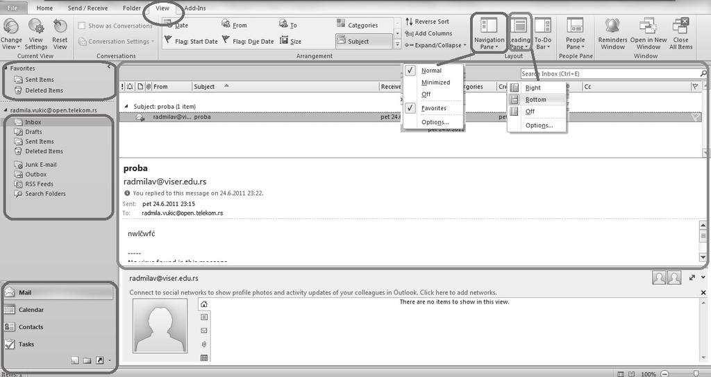 Aplikativni softver 214 Internet servisi View i izaberite grupu komandi Layout. Opcije za podešavanje su u okviru menija sa podmenijima Navigation Pane..., Reading Pane.
