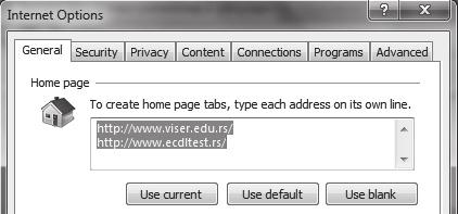 Sa izborom opcije Add or Change Home Page možete to izmeniti. 10. Da biste podesili predložene lokacije sa predhodne slike, pokrenite komandu Tool/Internet Options.