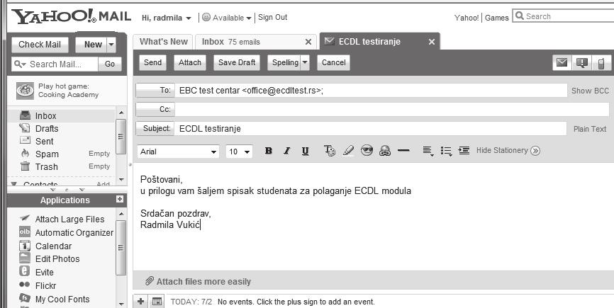 Aplikativni softver 230 Internet servisi 12. U polje To upišite adresu primaoca. 13. U polje Subject upišite naslov poruke. 14.