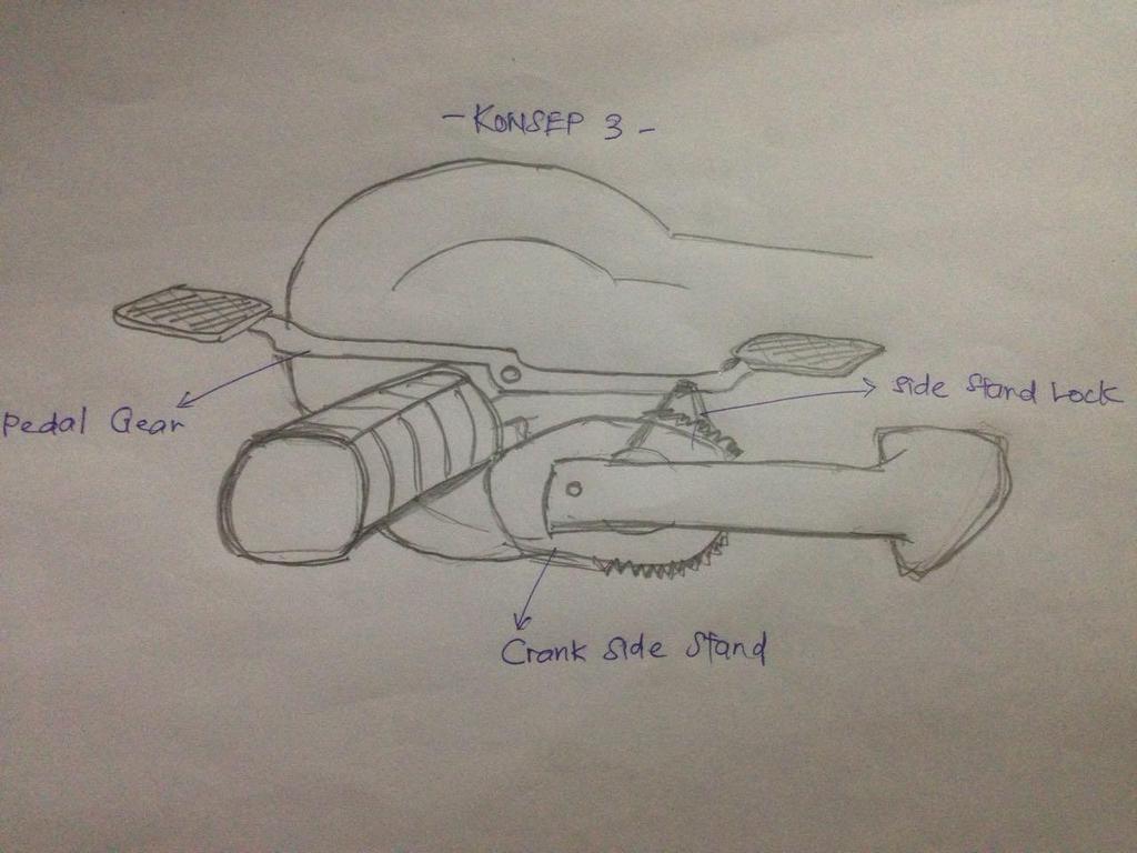 Rajah 3.4 : Lakaran konsep 3 Lakaran konsep tiga seperti dalam rajah 3.4 di atas tongkat sisi ini boleh dinaikkan dengan hanya menekan pedal gear dan tong akan ternaik.