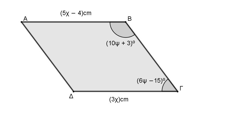 Θέμα 9: Δίνεται παραλληλόγραμμο ΑΒΓΔ. Αν (ΑΒ)= (5χ 4) cm, (ΔΓ)= (3χ) cm, ˆ (10ψ 3) 0 και ˆ 0 (6ψ 15) να υπολογίσετε: (α) τα μήκη των πλευρών ΑΒ και ΔΓ (β) τις γωνίες ˆ και ˆ.