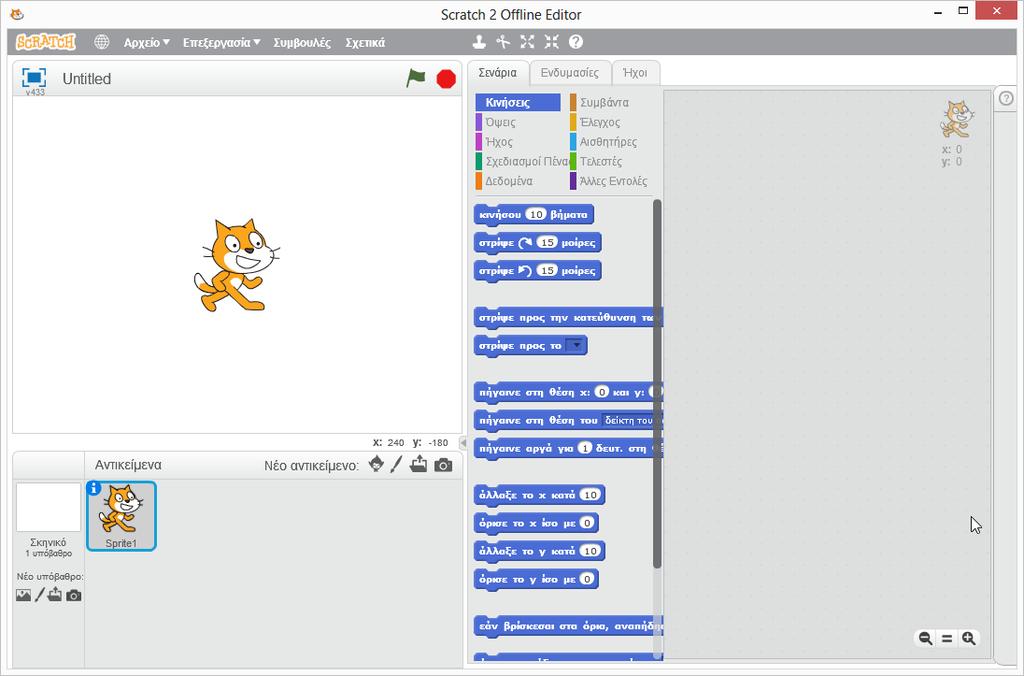 1η Φάση: Παρουσίαση του περιβάλλοντος Scratch Χρονική Διάρκεια: 10 λεπτά της ώρας Χώρος Διεξαγωγής: Εργαστήριο Πληροφορικής Γίνεται μια σύντομη ξενάγηση στο περιβάλλον εργασίας του Scratch (offline