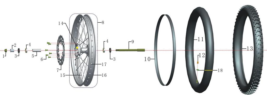 WHEEL ASSY FT. 9 Item Part # Description Req. Item Part # Description Req. 1 GB/T6187M15 nut-flanged, lock M15 1 10 04017008010000 inner tube protector band 1 2 09010109210000 spacer Φ22*Φ15.