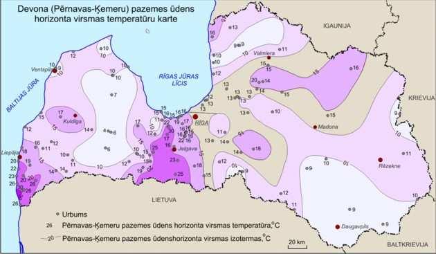 5.2.1. attēls Latvijas teritorijas devona kompleksa pazemes ūdens temperatūru karte.